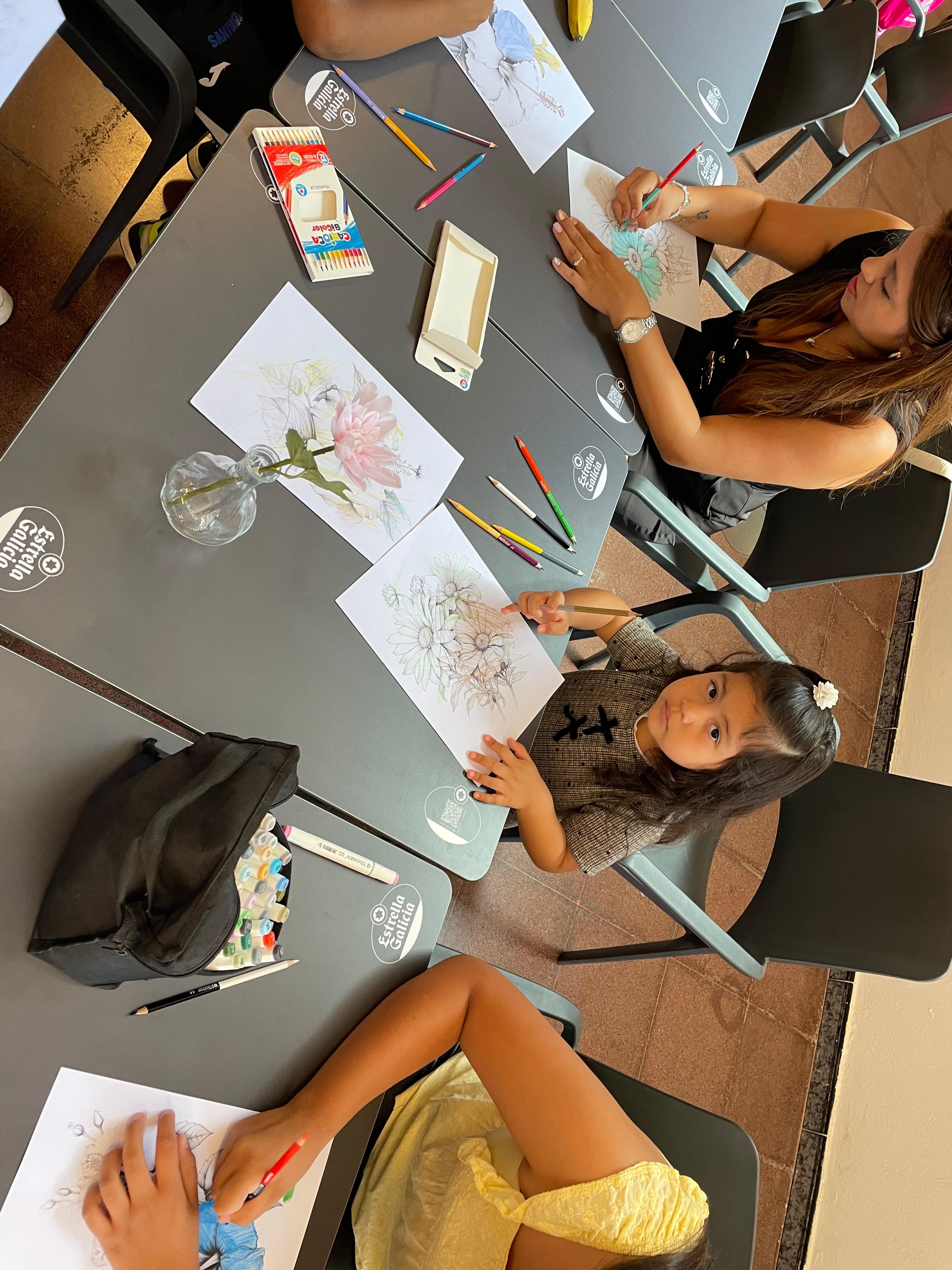 Participantes dibujando con el mapa del mundo de fondo